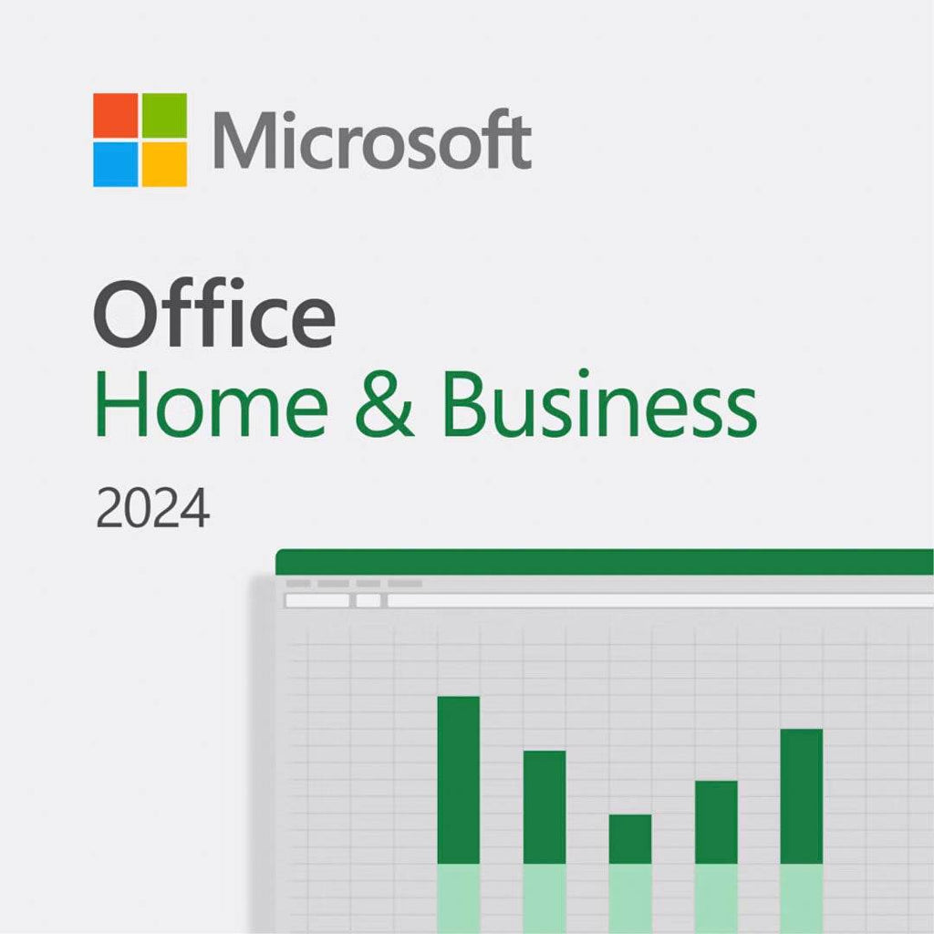 Microsoft Office Home and Business 2024 software box featuring productivity tools and graph display