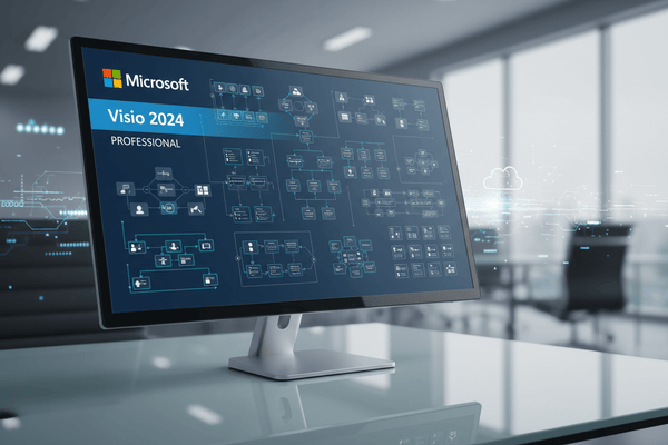 Microsoft Visio 2024 Professional License on a monitor displaying various professional diagrams and flowcharts.