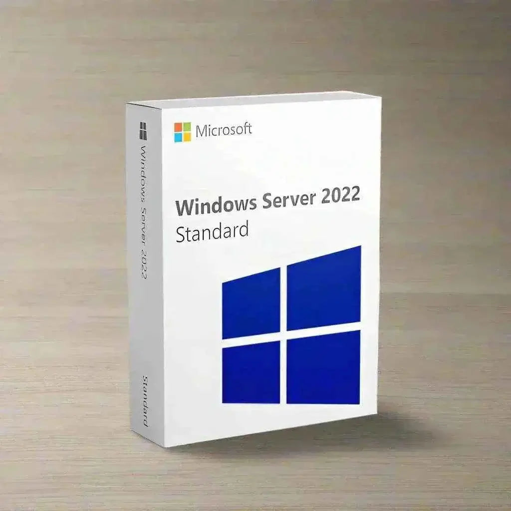 Windows Server 2025 Standard – 16 Core License | Enterprise Server OS packaging on a wooden surface.